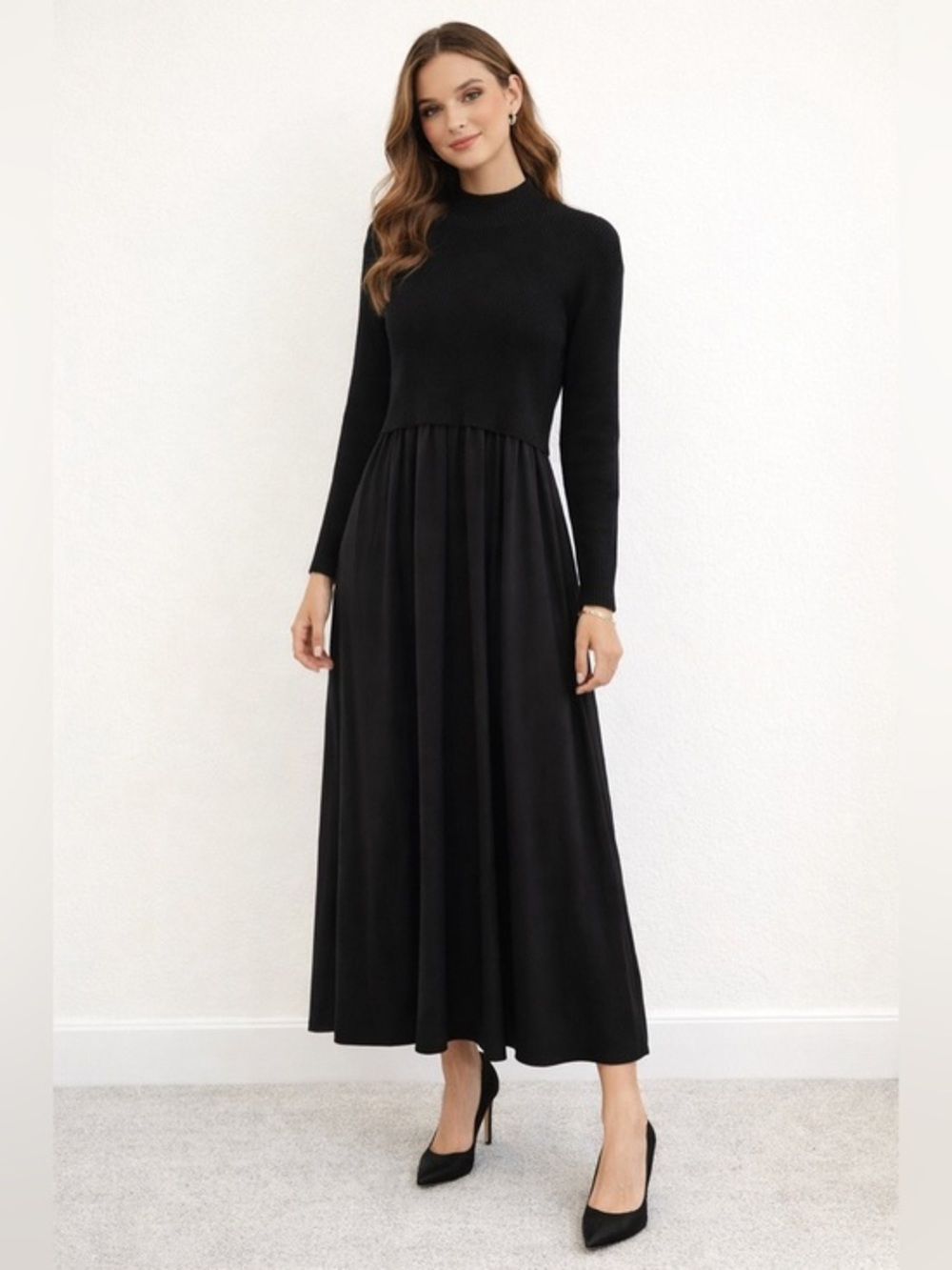 NWT Tea n Rose Black Minimalist Multi Texture Crew Neck Flowy Maxi Dress M